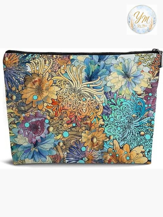 Handbags - Vintage Leather Makeup Bag with Wildflower Prints, Zipper Pouch for Travel